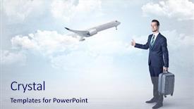  Presentation with airplane baby concept - Beautiful PPT theme featuring agent hitchhiking with departing airplane backdrop and a  colored foreground