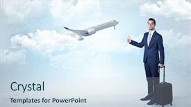  Presentation with airplane baby concept - Beautiful slide set featuring agent hitchhiking with departing airplane backdrop and a  colored foreground