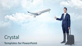  Presentation with airplane baby concept - Presentation having agent hitchhiking with departing airplane background and a sky blue colored foreground