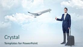  Presentation with airplane - Amazing PPT layouts having agent hitchhiking with departing airplane backdrop and a sky blue colored foreground