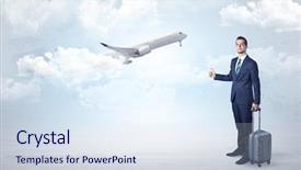  Presentation with airplane baby concept - Amazing slide deck having agent hitchhiking with departing airplane backdrop and a sky blue colored foreground