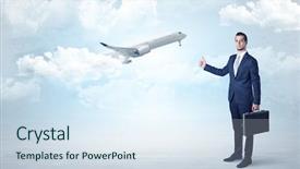  Presentation with airplane - PPT theme with agent hitchhiking with departing airplane background and a sky blue colored foreground