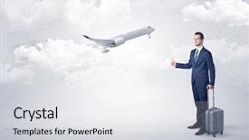  Presentation with airplane baby concept - Slide set enhanced with agent hitchhiking with departing airplane background and a white colored foreground