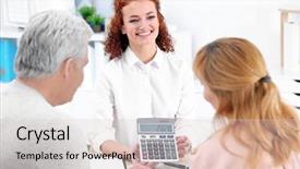  Presentation with health benefits insurance - PPT theme featuring agent showing calculator with value background and a lemonade colored foreground