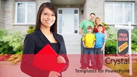  Presentation with real estate - Beautiful presentation theme featuring agent woman near new house backdrop and a  colored foreground