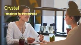  Presentation with contract - Presentation theme consisting of agents negociation - young cheerful female agent looking background and a tawny brown colored foreground