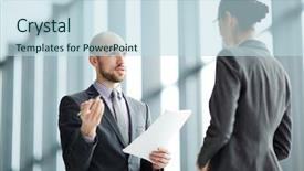  Presentation with paper - Audience pleasing PPT theme consisting of agents negociation - young confident agent with paper backdrop and a sky blue colored foreground