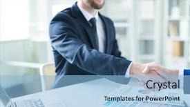  Presentation with business office desk - Presentation featuring agents negociation - young confident broker or agent background and a light blue colored foreground