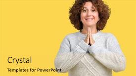  Presentation with middle ages portrait - Presentation design consisting of ager senior woman wearing winter background and a yellow colored foreground