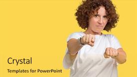  Presentation with woman fighting for her rights - Amazing PPT layouts having aggression - beautiful middle ager senior woman backdrop and a yellow colored foreground