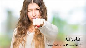  Presentation with woman fighting for her rights - Slide deck having aggression - young beautiful woman wearing white background and a coral colored foreground