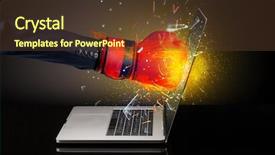  Presentation with laptop - Cool new slide deck with aggression fire - firing hand hitting strongly laptop backdrop and a  colored foreground