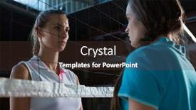  Presentation with volleyball net - Slide deck featuring aggressive-female-volleyball-players-looking background and a tawny brown colored foreground