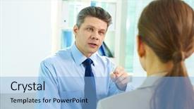  Presentation with female reproductive organ - Presentation with aggressive person - businessman pointing at his female background and a light blue colored foreground