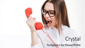  Presentation with telephone - Colorful slides enhanced with aggressive person - irritated furious young business woman backdrop and a sky blue colored foreground