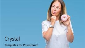  Presentation with questions question marks idea - Theme with aging brain - middle age hispanic woman eating background and a light blue colored foreground