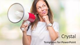  Presentation with questions question marks idea - Amazing theme having aging brain - middle age hispanic woman yelling backdrop and a lemonade colored foreground