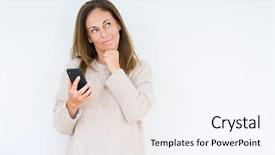 Presentation with questions question marks idea - Slides having aging brain - middle age woman using smartphone background and a  colored foreground