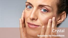  Presentation with beauty - Presentation theme enhanced with aging skin - attractive woman touching her face background and a coral colored foreground