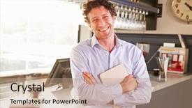  Presentation with restaurant - Slide set having aging work - male restaurant owner holding digital background and a coral colored foreground