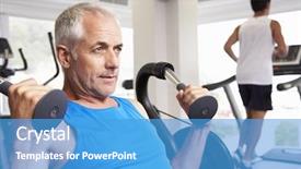  Presentation with runner - Slide set featuring aging work - man using weights machine background and a teal colored foreground