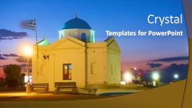  Presentation with sea port - Slide deck consisting of agios-nikolaos-church background and a teal colored foreground