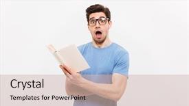  Presentation with open book - PPT layouts consisting of agitation - portrait of agitated smart man background and a  colored foreground