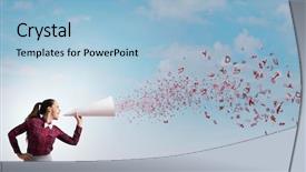  Presentation with trumpet - Slides with agitation - young pretty woman screaming background and a light blue colored foreground