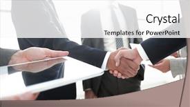  Presentation with employees - Audience pleasing slides consisting of power communication - employees look at the handshake backdrop and a white colored foreground