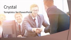  Presentation with business - Colorful PPT theme enhanced with workers union - handshake business partners backdrop and a sky blue colored foreground