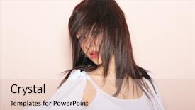  Presentation with light pink - Beautiful PPT theme featuring portrait of happy beautiful woman at the wooden door backdrop and a gray colored foreground