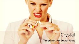  Presentation with cigarette - Colorful presentation design enhanced with agressivity - agressive business woman breaking cigarette backdrop and a  colored foreground