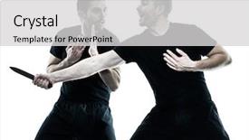  Presentation with two men climbing - Cool new slides with agressivity - two caucasian men krav maga backdrop and a light gray colored foreground