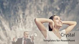  Presentation with young man and a woman - Presentation design consisting of agressivity - young furious woman screaming agressively background and a mint green colored foreground