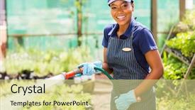  Presentation with nursery plant - Beautiful PPT theme featuring agriculteur - happy african female nursery worker backdrop and a blonde colored foreground
