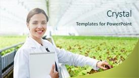 Presentation with agricultural engineering - Presentation theme featuring agricultural engineering - young woman in whitecoat looking background and a sky blue colored foreground
