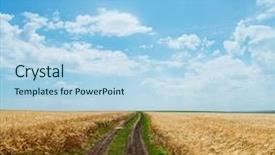  Presentation with modern agriculture icons and field - PPT theme having agricultural field under cloudy sky background and a light blue colored foreground