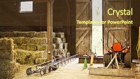  Presentation with farm equipment - Colorful presentation design enhanced with agricultural tools - interior of wooden barn backdrop and a tawny brown colored foreground