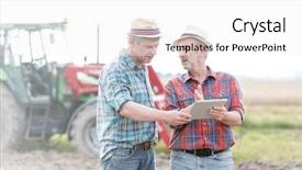  Presentation with digital farm - Colorful slide set enhanced with agricultural wireless - farmers with digital tablet discussing backdrop and a  colored foreground