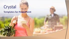  Presentation with phone - Presentation design with agricultural wireless - female customer using mobile phone background and a sky blue colored foreground