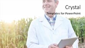  Presentation with digital farm - PPT theme enhanced with agricultural wireless - smiling mature scientist with digital background and a white colored foreground