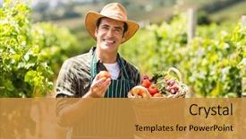  Presentation with vineyard - Colorful presentation design enhanced with agriculture - portrait of happy farmer holding backdrop and a gold colored foreground