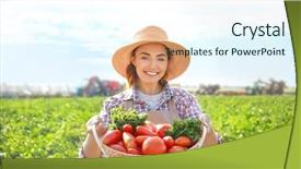  Presentation with leafy vegetables farm to table - Slide set featuring agriculture - young female farmer holding wicker background and a cool aqua colored foreground