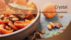  Presentation with nuts and dried fruits - PPT theme consisting of agriculture caisin - dried apricots raisins and nuts background and a coral colored foreground