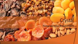  Presentation with nuts and dried fruits - Colorful PPT theme enhanced with agriculture caisin - dried apricots raisins and nuts backdrop and a gold colored foreground