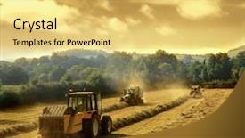  Presentation with work - Presentation design having agriculture field - tractors on work background and a yellow colored foreground
