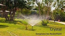  Presentation with green lawn - Amazing PPT theme having agriculture mechanization - garden sprinkler on a sunny backdrop and a gold colored foreground