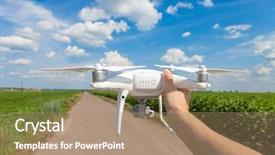  Presentation with agriculture drone - Beautiful presentation theme featuring agriculture robots - white drone in hands backdrop and a coral colored foreground