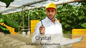  Presentation with farming - Theme enhanced with agro business - farming specialist in uniform pointing background and a coral colored foreground