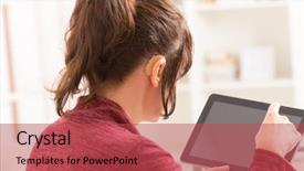  Presentation with deaf culture - Slide deck with aid sign - smiling deaf woman using tablet background and a red colored foreground